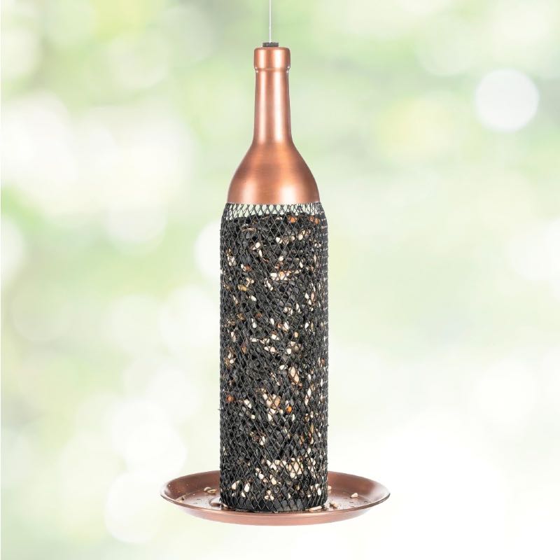 Copper-Finished Mesh Wine Bottle Bird Feeder