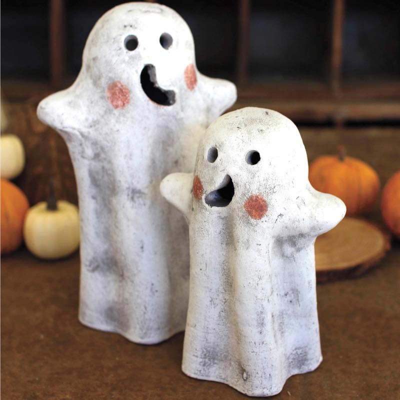 Artisan-Made Clay Ghost Lanterns, Set of 2