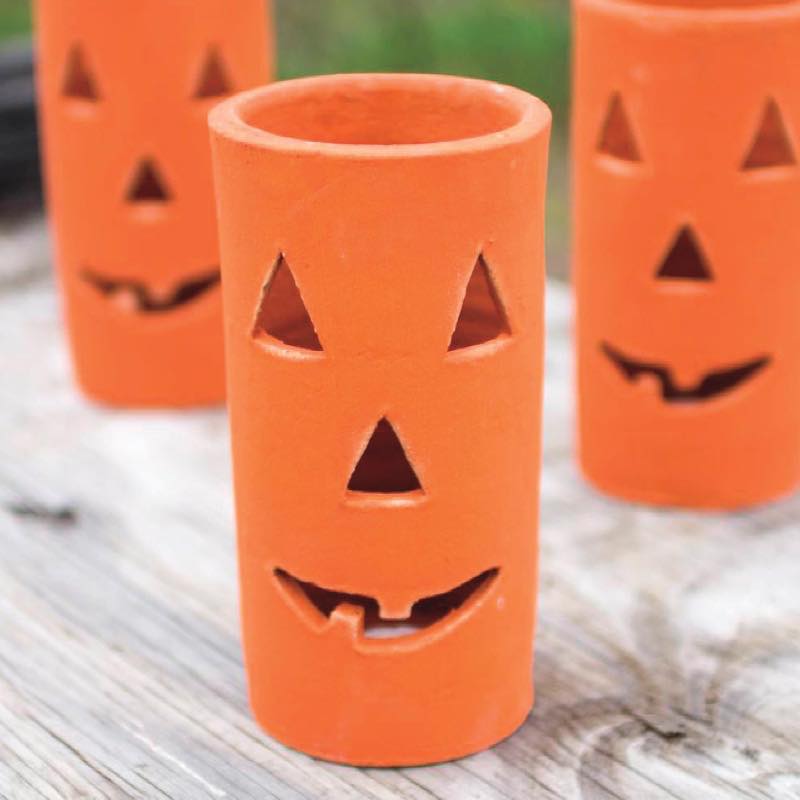 Artisan-Made Clay Halloween Jack-O-Lantern Tall Luminaries, Set of 6