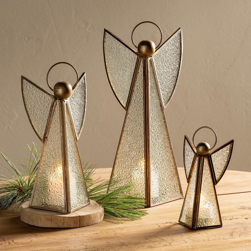 Brass Glass Angel Votive Holders, Set of 3