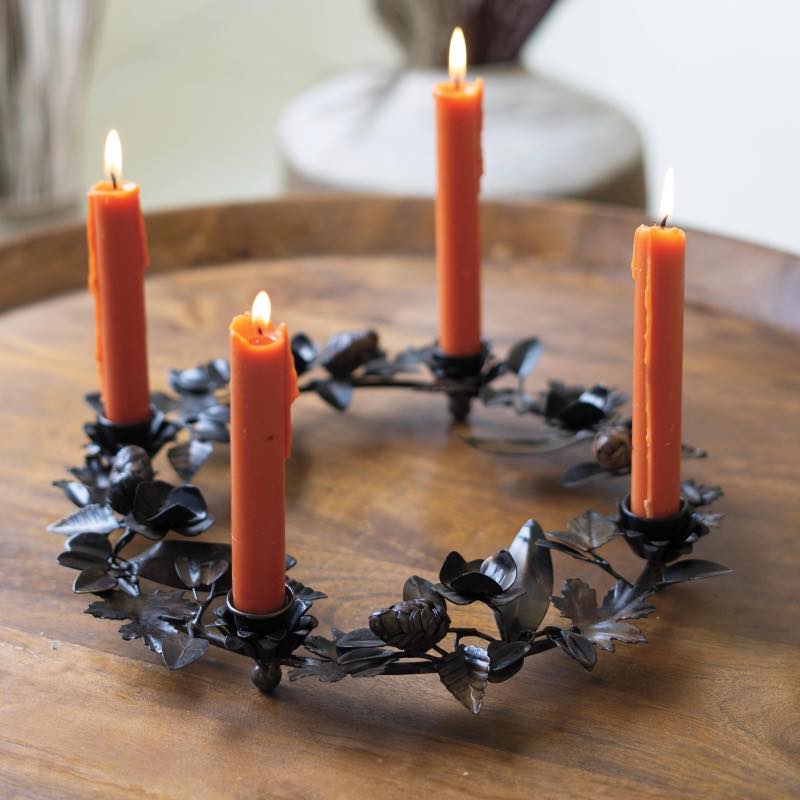 Antique Brown Fall Leaves Metal Candelabra Wreath