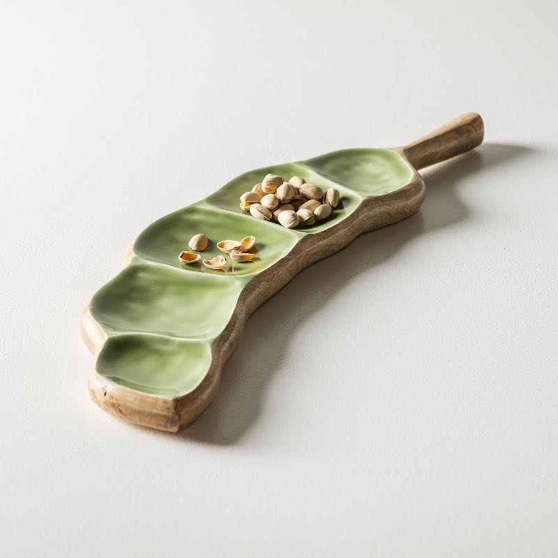 Mango Wood and Enamel Peapod Shaped Tray