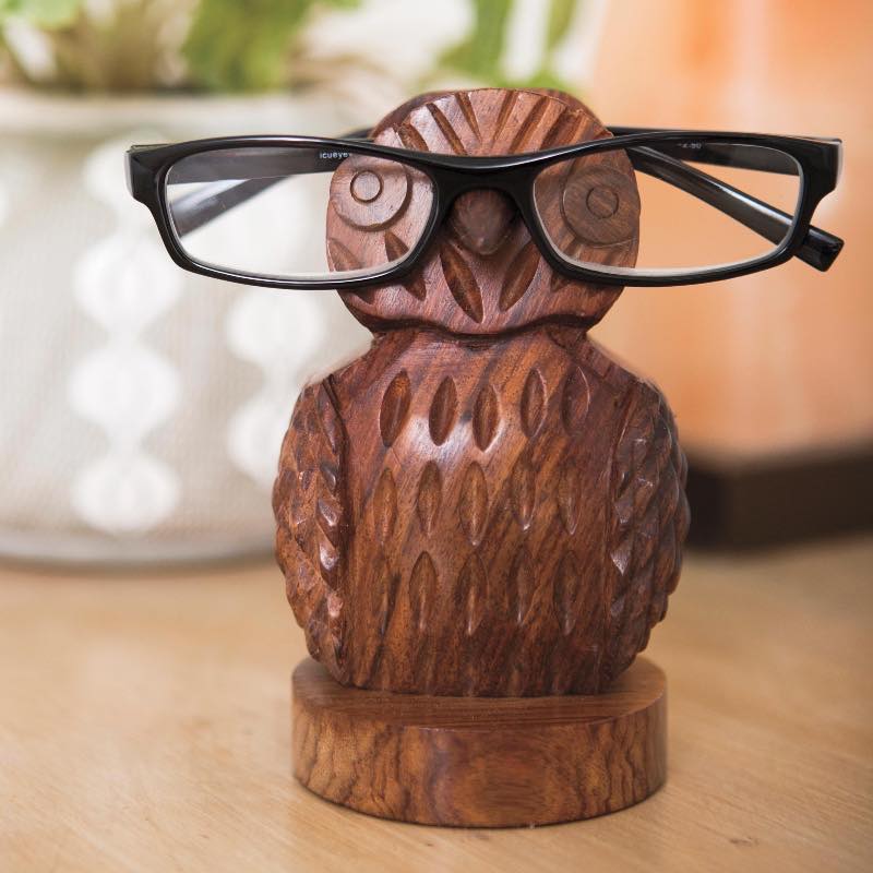 Hand-Carved Sheesham Wood Owl Eyeglass Holder