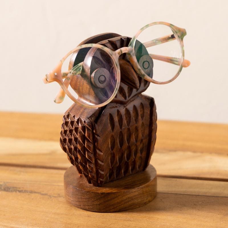 Hand-Carved Sheesham Wood Owl Eyeglass Holder