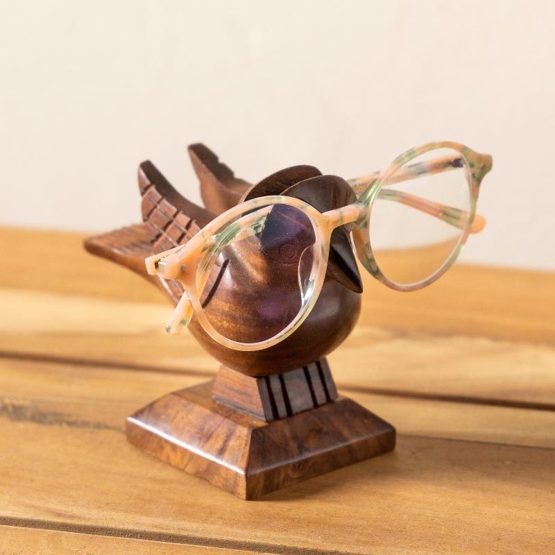 Hand-Carved Sheesham Wood Sparrow Eyeglass Holder