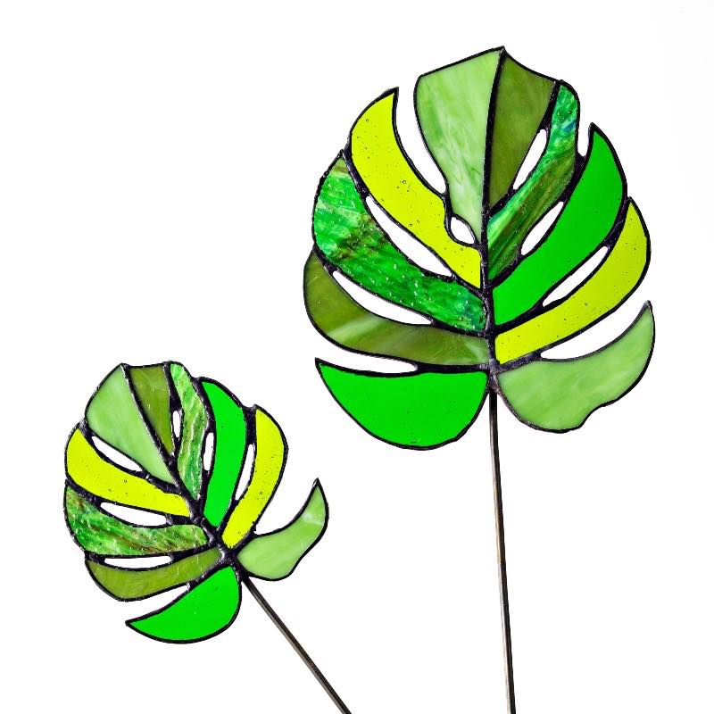 Stained Glass Monstera Leaf Stakes, Set of 2