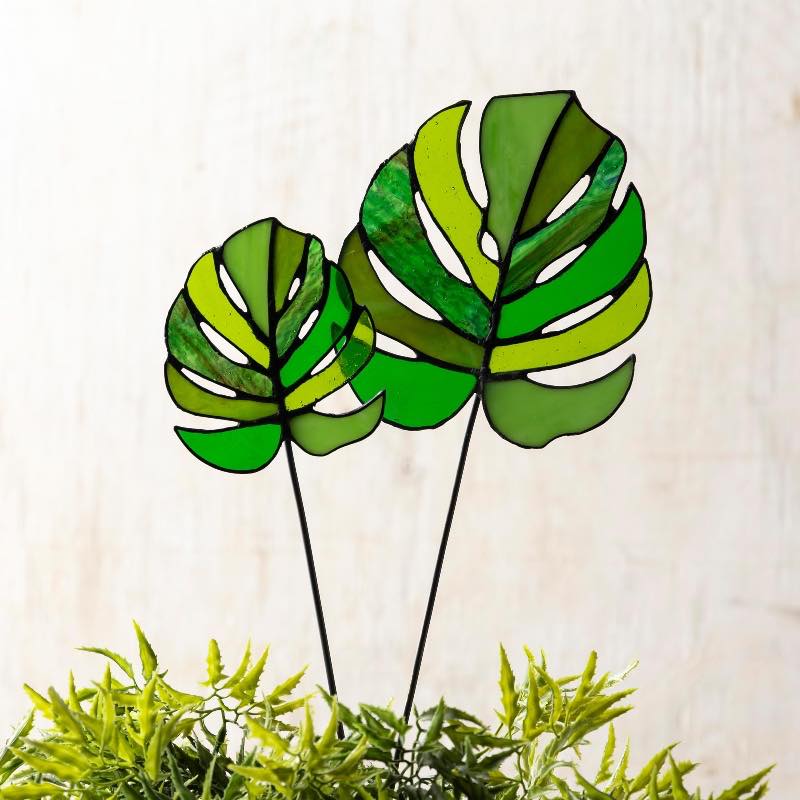 Stained Glass Monstera Leaf Stakes, Set of 2