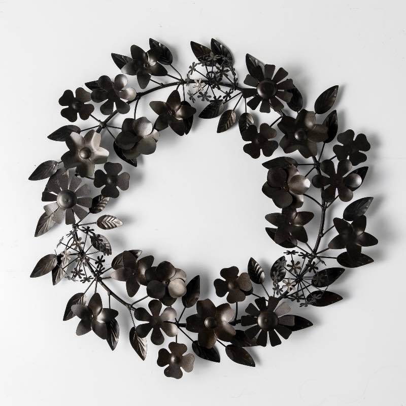 Recycled Metal Black Floral Leaf Wreath