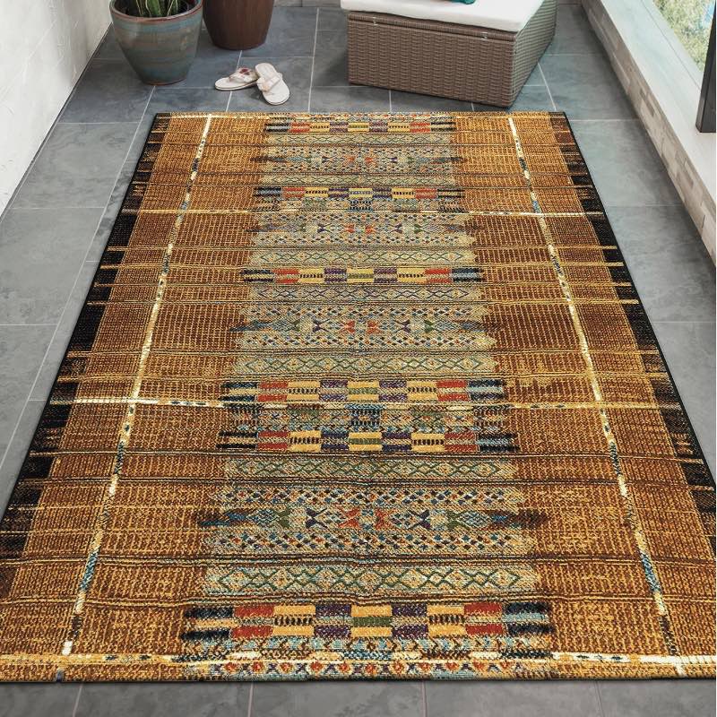 Indoor/ Outdoor Marina Tribal Stripe Gold Rug, 3 x 5