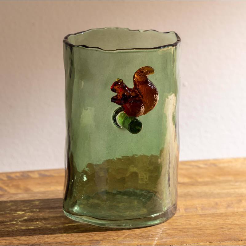 Green Glass Hurricane with Squirrel, Tall