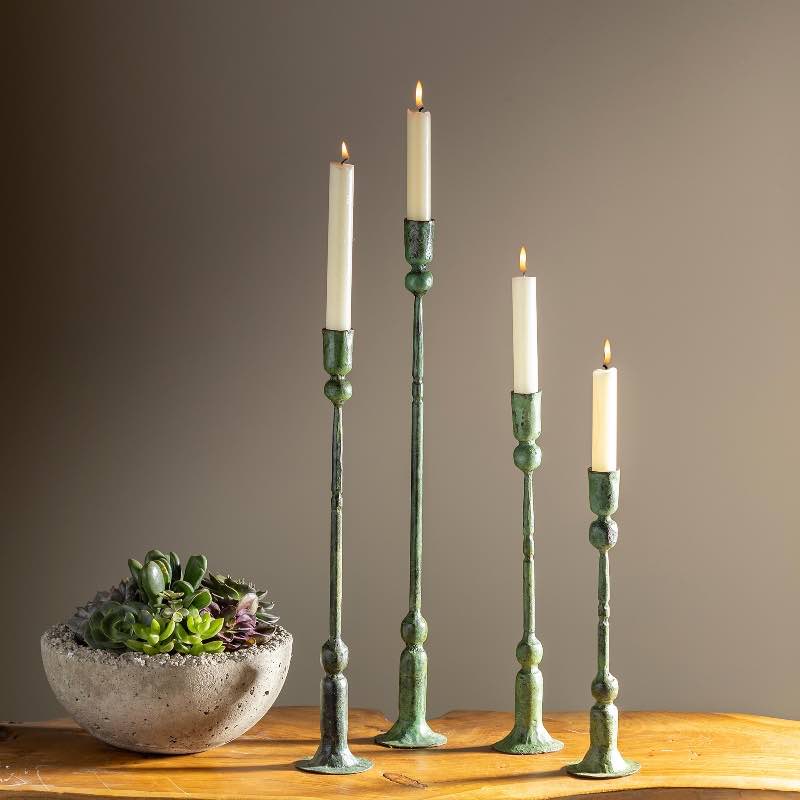 Forged Iron Green Patina Taper Candle Holders, Set of 4