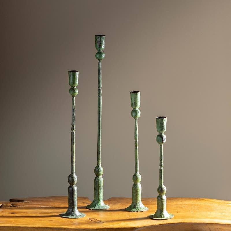 Forged Iron Green Patina Taper Candle Holders, Set of 4