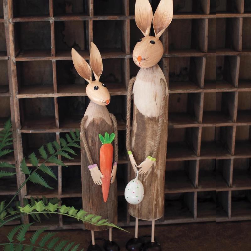 Painted Metal and Wood Easter Rabbits, Set of 2