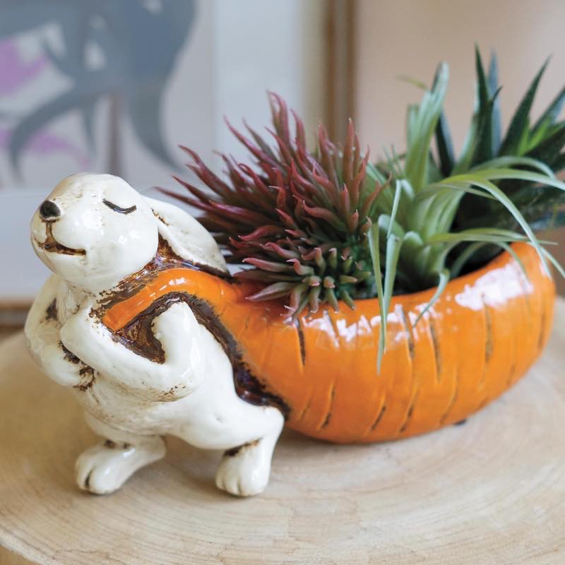 Ceramic Rabbit Pulling a Carrot Planter