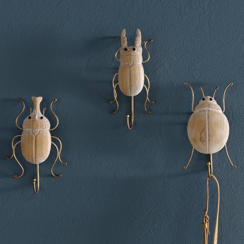 Carved Wood and Wire Beetle Wall Hooks, Set of 3