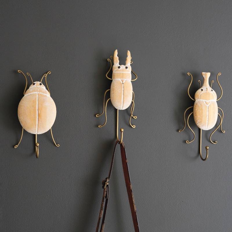 Carved Wood and Wire Beetle Wall Hooks, Set of 3