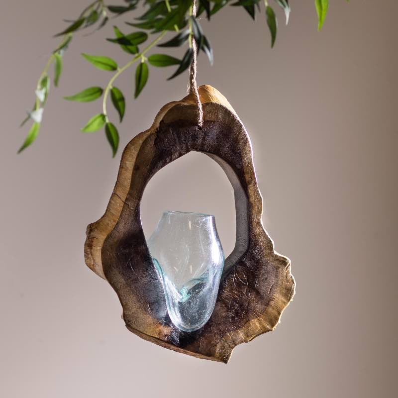 Hanging Glass Teak Planter