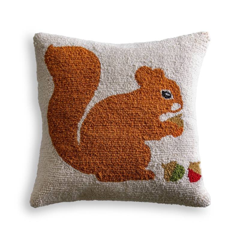 Squirrel Hand-Hooked Wool Pillow, 16