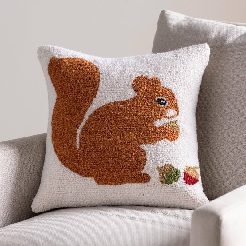 Squirrel Hand-Hooked Wool Pillow, 16