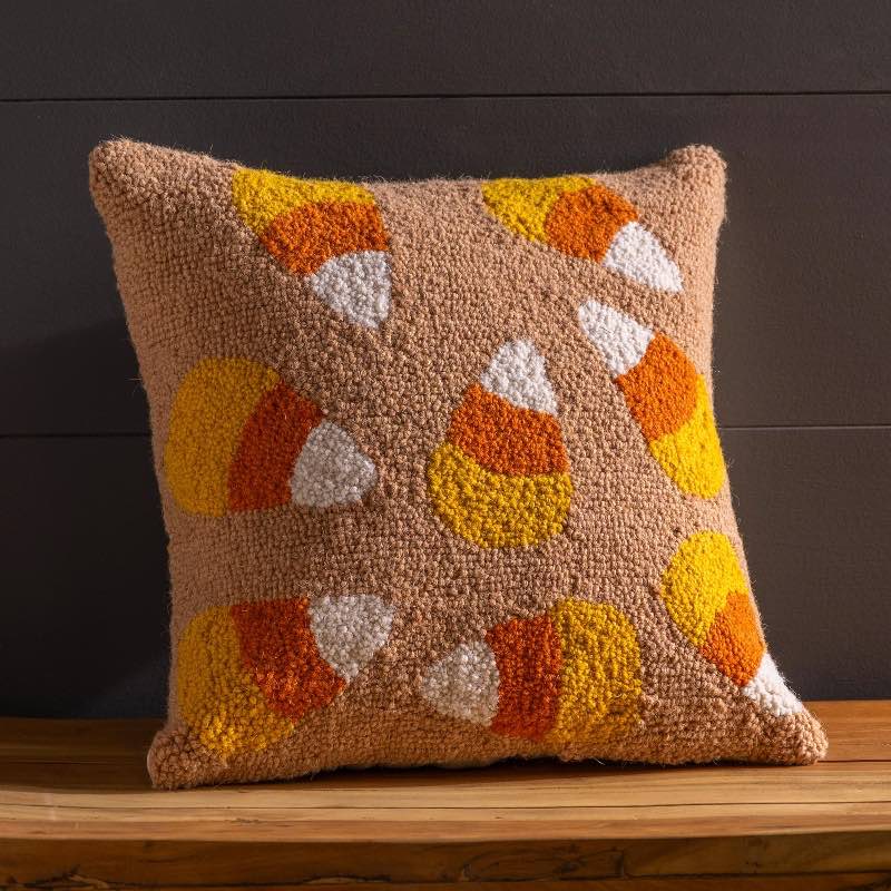 Candy Corn Wool Hand-Hooked Pillow, 16