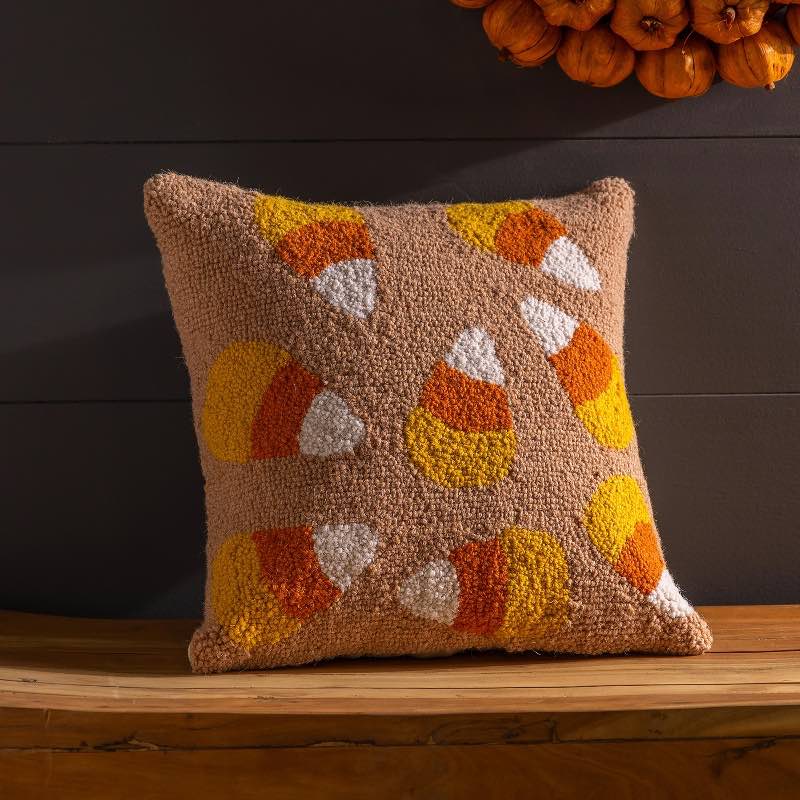 Candy Corn Wool Hand-Hooked Pillow, 16