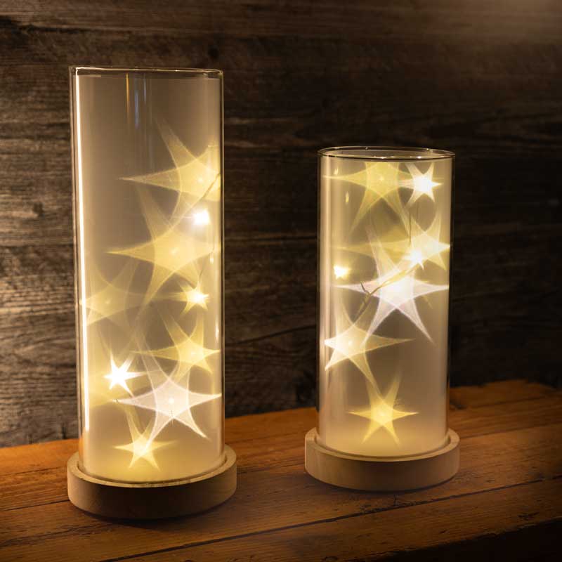 Set of 2 Star LED Lights w/Wooden Base