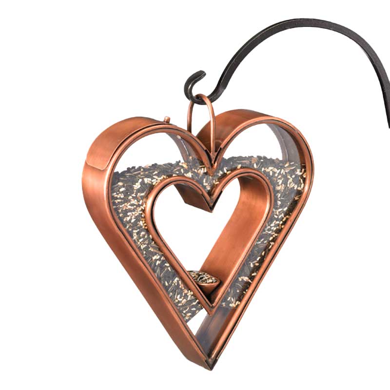 Heart Shaped Copper-Finished Fly-Thru Bird Feeder