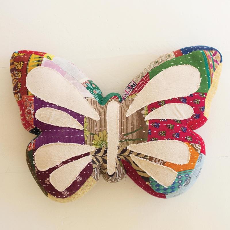 Butterfly Kantha Throw Pillow