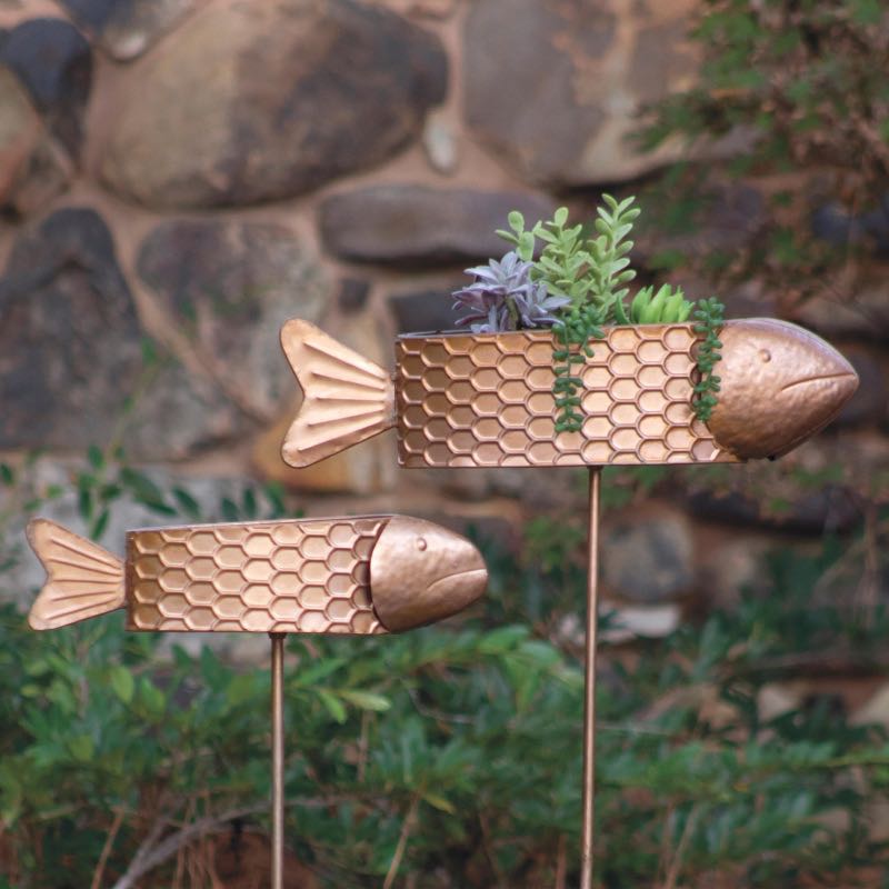 Metal Fish Planter Yard Stakes, Set of 2