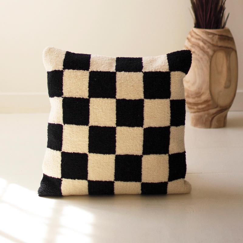 Checkered Hand-Hooked Pillow, 18