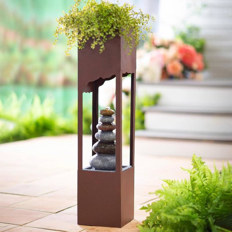 Freestanding Electric Lighted Fountain with River Rock Cairn and Planter