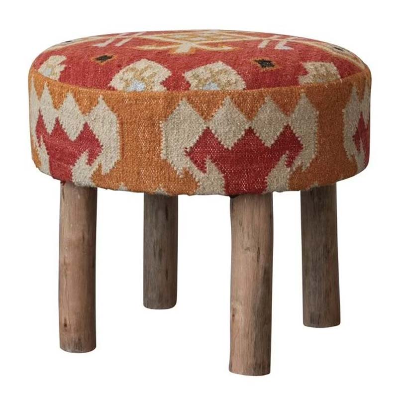 Cotton and Wood Kilim Stool