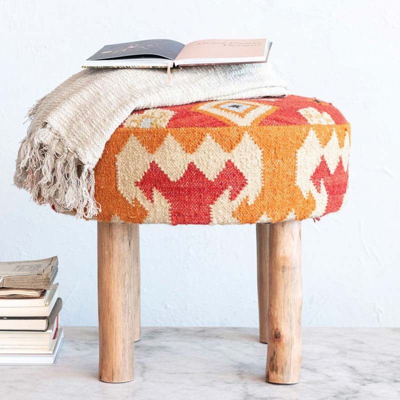 Cotton and Wood Kilim Stool