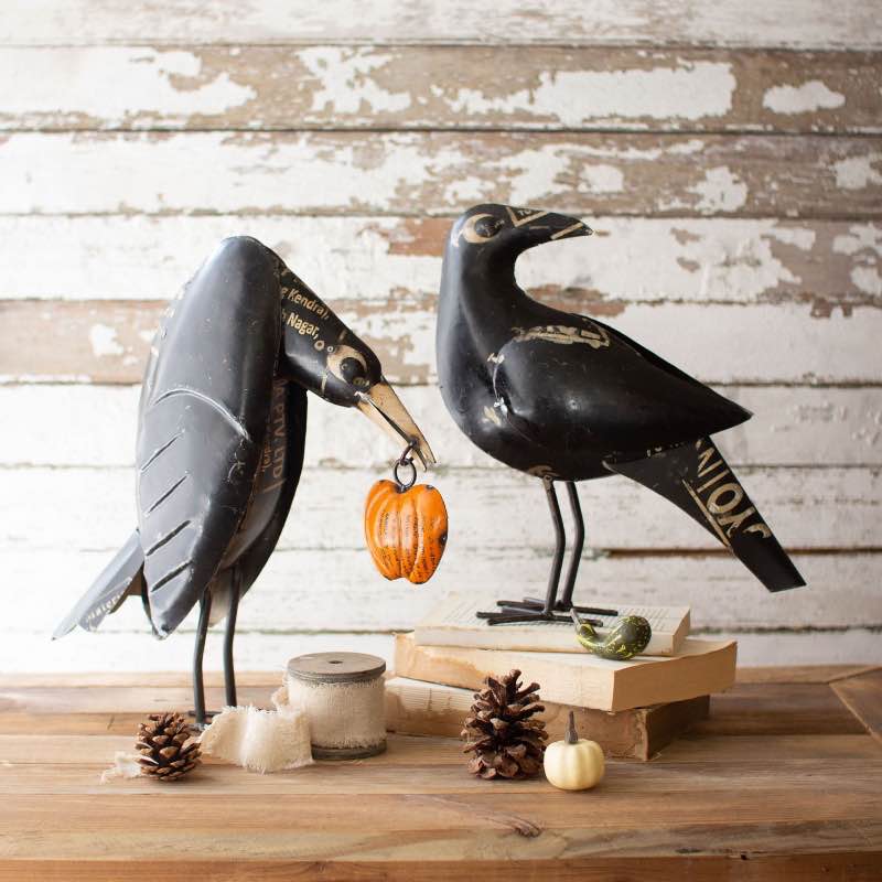 Iron Crows Holding Pumpkin, set of 2