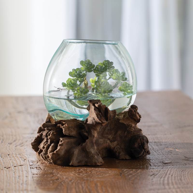Small Glass Bowl with Teak Wood Stand