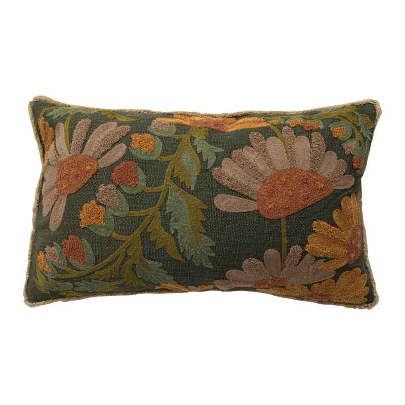 Embroidered Lumbar Pillow with Flowers