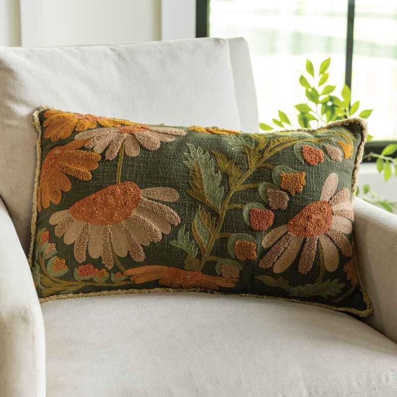 Embroidered Lumbar Pillow with Flowers
