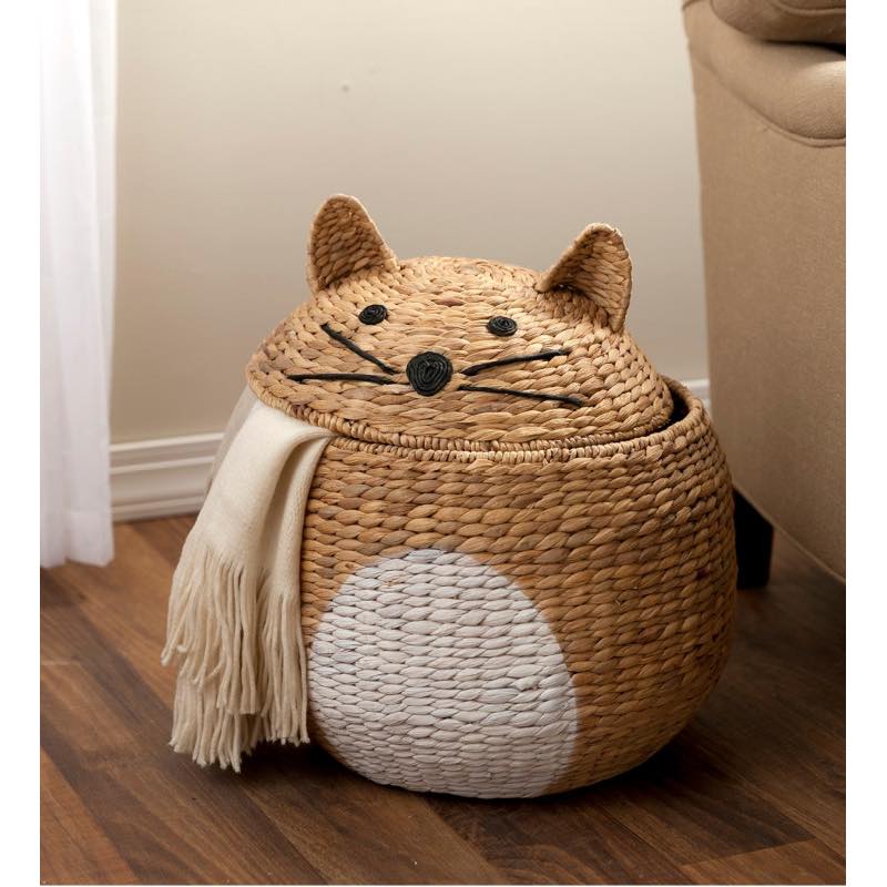 Woven Cat-Shaped Storage Basket with Lid