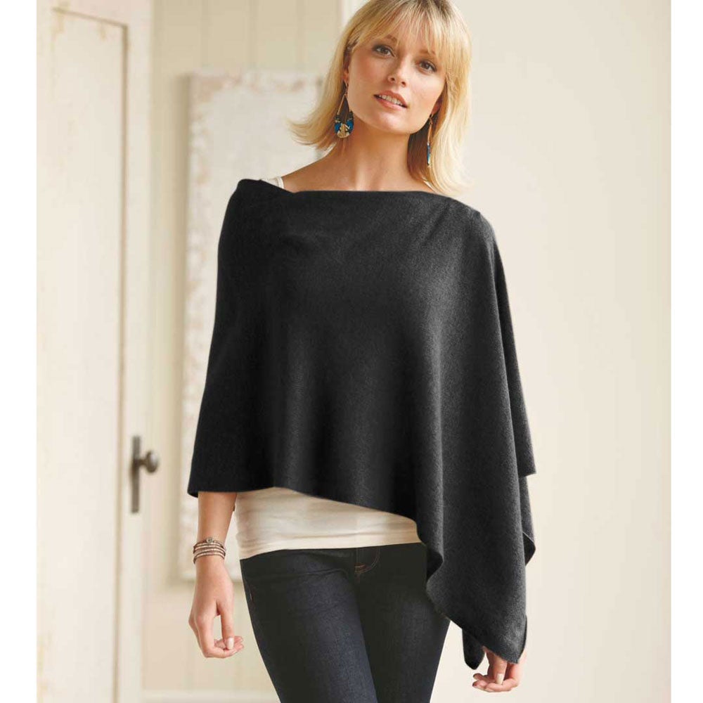 Lightweight Cashmere Boatneck Poncho - Black | VivaTerra