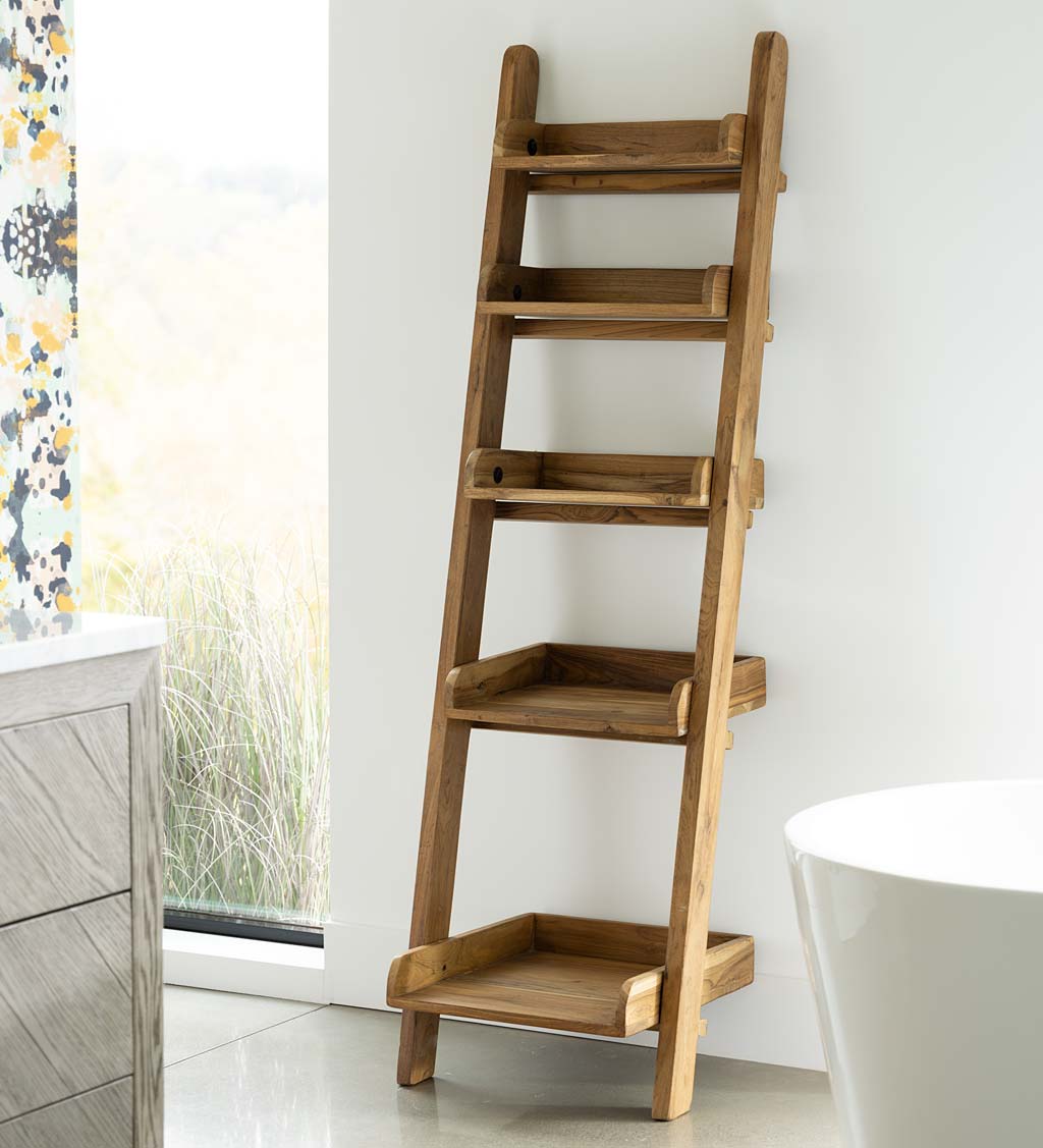 Vochtig rundvlees Wrok 5-Tiered Open Wall Mount Teak Wood Ladder Bookshelf | VivaTerra